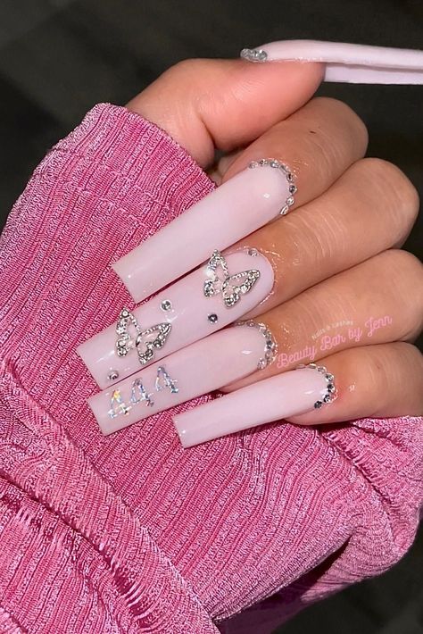 Nail Sets With Different Shapes, Nails Acrylic Angel Number, Acrylic Nails With Butterfly Charm, Angel Numbers Nails Acrylic, Nails With Butterflies And Rhinestones, Nails With Butterflies Charm, Angel Number Acrylic Nails, Butterfly Gem Nails, Nails With Butterfly Charms