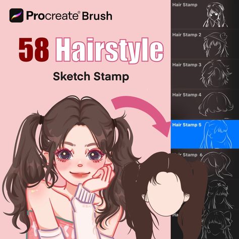 Hair Stamps Procreate Brushes, Chibi Hair Brushes, Hairstyles Stamps, Digital Brushes Stamps, Procreate Hairstyle Stamps, Cartoon Hair Procreate Stencils, Hairstyle Sketch, Hair Brushes Procreate, Hair Stamps, Procreate Brushes Download, Digital Art Software, Procreate Tips, Best Procreate Brushes, Digital Brushes