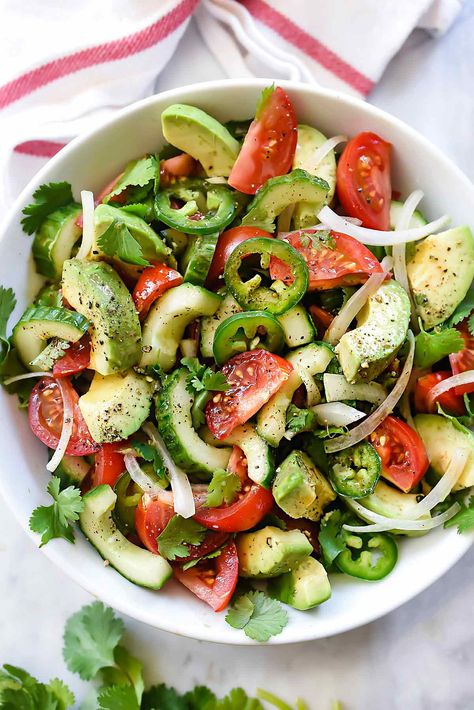 Use olive oil and omit sugar Avocado Cucumber Salad, Cucumber Tomato Avocado Salad, Cucumber Avocado Salad, Avocado Cucumber, Tomato Avocado, Avocado Tomato Salad, Avocado Salad Recipes, Cucumber Avocado, Onion Salad