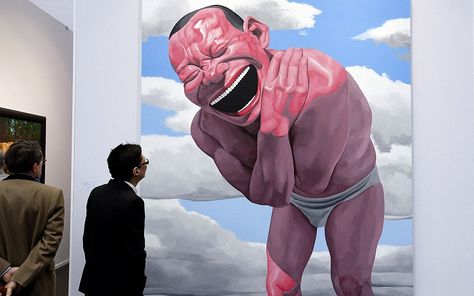 Visitors observe a work entitled Blue Sky and White Clouds by Chinese artist Yue Minjun during the Art Paris Art Fair in the French capital Roger Ballen, Yue Minjun, Blue Sky Images, Art Parisien, Chinese Contemporary Art, Chinese Artwork, Sky Images, Paris Art, Gcse Art