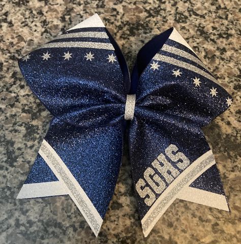 Navy cheer bow /Full glitter cheer bow / Custom competition cheer bow/ Rec cheer bow/ Dance bows/ Cheerleading bow / Star bow/ Y shaped tail by lovelydesignsbyL on Etsy Cheer Bow Design Ideas, Cheer Bow Designs, Competition Cheer, Competition Bows, Sideline Cheer, Dance Bows, Cheerleading Bow, Custom Cheer Bows, Glitter Cheer Bow