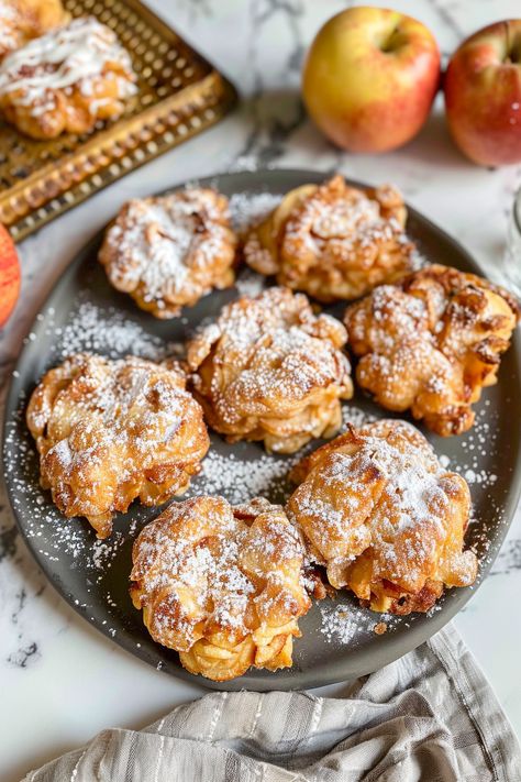 Baked Apple Fritters Oven Baked Fried Apple Pies, Baked Peach Fritters Recipes, Oven Baked Blooming Apple, Apple Fritters Recipe Baked, Baked Apple Fritters Recipe, Apple Baked Goods, Baked Apple Fritter, Apple Fritter Muffins, Apple Traybake