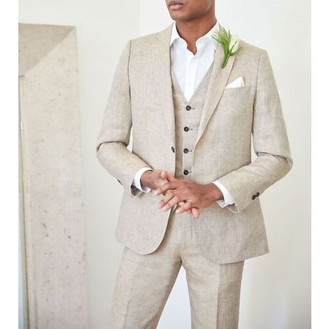 Category:Linen Suits; Embellishment:Pocket; Season:Spring, Fall, Winter, Summer; Fabric:Linen; Includes:Jacket,Pants,Vest; Occasion:Summer,Beach,Wedding; Fit Type:Tailored Fit; Jacket Buttons:Single Breasted Two-buttons; Jacket Pockets:Straight Flapped; Vest Buttons:5; Pattern:Solid Colored; Neckline:Notch; Listing Date:05/02/2023; Production mode:External procurement; Pant Length:; Pants Waist:; Shoulder Width:; Sleeve Length:; Bust:; Hips:; Clothing Length:; Number of Pieces:3 Piece; Design:Cl Linen Wedding Suit, Linen Suits For Men, Costume Beige, Prom Suits For Men, Beige Suits, Beige Wedding, Summer Beach Wedding, Linen Suits, Groomsmen Suits