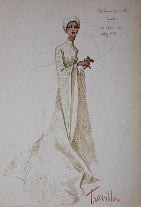 William Travilla - Costumes - Esquisses et Croquis - Diahann Carroll - Julia William Travilla Sketches, Travilla Sketches, Hollywood Illustration, William Travilla, Costume Renderings, Costume Sketches, Costume Illustration, Costume Design Sketch, Diahann Carroll