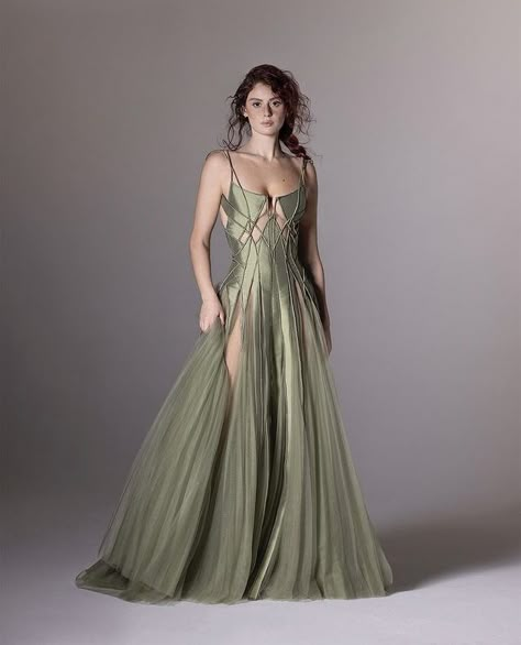 Hassidriss Couture, Green Fairytale Dress, Green Fantasy Dress, Sage Wedding Dress, Shadow Realm, Bead Dress, Green Floor, Fantasy Realm, Pleated Tulle