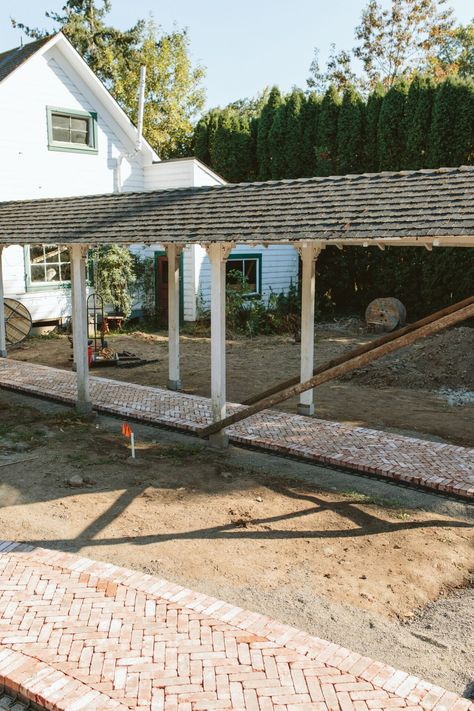 Exterior Update: Our Herringbone Brick Patio Is *Almost* Installed - Emily Henderson Herringbone Brick Patio, Brick Installation, Front Portico, Herringbone Brick, Brick Border, Chickens In The Winter, Brick Edging, Decomposed Granite, Cement Patio