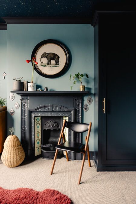 A vibrant villa in Essex perfectly in the pink (and green and blue) Edwardian Terrace House, Colour Drenching, Moody Dining Room, Pink Ceiling, Leaded Glass Door, Built In Dresser, Mad About The House, Black Fireplace, Three Bedroom House