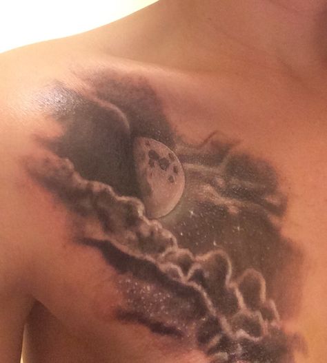 Night sky tattoo Night Sky Chest Tattoo, Night Sky Shoulder Tattoo, Starry Night Sky Tattoo, Night Stars Tattoo, Night Sky Tattoo Ideas, Sky Tattoo Men, Shading Tattoo Background, Dark Sky Tattoo, Stars In The Sky Tattoo