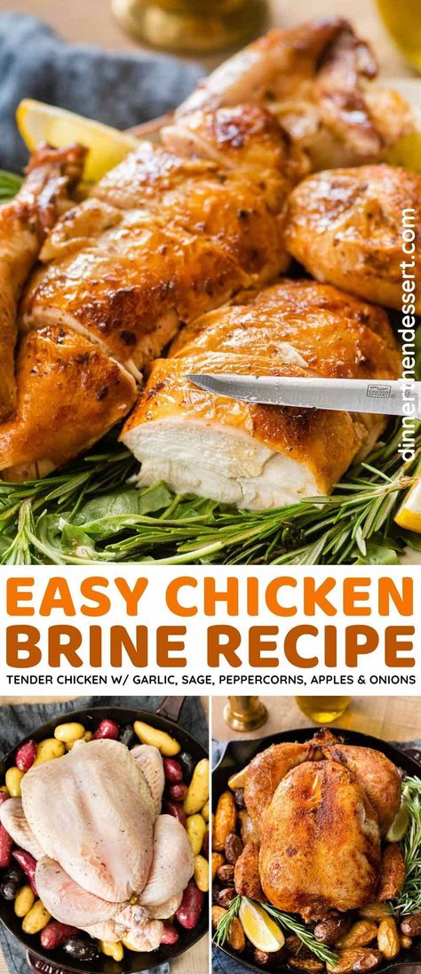 Chicken Brine is the perfect way to add moisture and flavor to your roast chicken. Made with garlic, sage, peppercorns, apples, and onions. Quick Chicken Brine, Simple Chicken Brine, Chicken Brine Recipe, Chicken Brine, Chicken Kiev Recipe, Apples And Onions, Dinner Then Dessert, Brine Chicken, Chicken Kiev