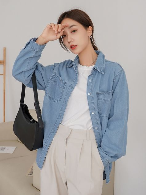 Light Wash Casual  Long Sleeve Denim Plain Shirt  Non-Stretch  Women Denim Korean Oversized Outfit, Light Denim Shirt, Denim Top Women, Tee Shirt Outfit, Oversized Tee Shirt, Denim Fashion Women, Oversized Outfit, Plain Shirt, Plain Shirts