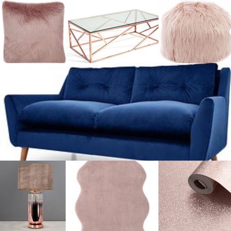 Navy blush & rose gold living room idea Navy Blue Pink And Gold Living Room, Blue And Rose Gold Living Room, Navy And Rose Gold Living Room, Navy And Rose Gold Office, Navy Blue Pink Living Room, Navy Blush Gold Bedroom, Navy Blue And Blush Living Room, Navy And Blush Living Room, Navy Pink And Gold Bedroom