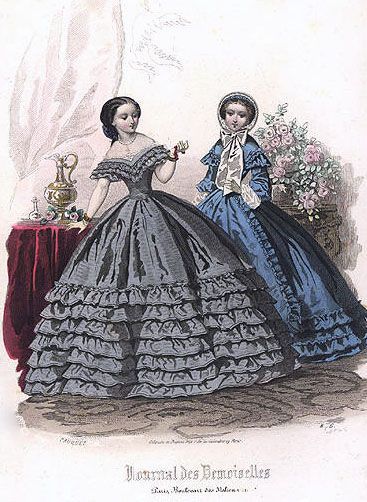 1860 Fashion Plate (a ballgown and a visiting dress) - Here you can see the difference between a ballgown and a visiting dress.  The ballgown is lower cut and sleeveless, however the visiting dress is much more modest.  Can't you just see women of the day leaving their calling cards while attempting to make visits to friends and family? 1860s Dresses, Crinoline Dress, 1850s Fashion, 1860 Fashion, 1800s Fashion, Hoop Skirt, 19th Century Fashion, Victorian Clothing, Historical Dresses