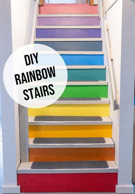 DIY Rainbow Staircase Rainbow Staircase, Colourful Rooms, Rainbow Stairs, Basement Renovation, Basement Stairs, Diy Rainbow, Wedding Painting, Thanks Mom, Before Baby