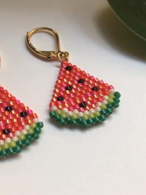 Beaded Watermelon Earrings Handmade Fruit Earrings With Gold Leverback Funky Jewelry Holiday Gift Trendy Earrings - Etsy Australia Beaded Watermelon Earrings, Rainbow Beaded Earrings, Beaded Watermelon, Watermelon Jewelry, Watermelon Earrings, Seed Bead Art, Brick Stitch Patterns, Diy Seed Bead Earrings, Woven Jewelry