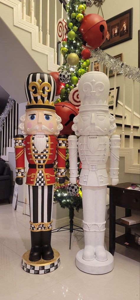 DIY Tall Nutcracker Before/After Painting. White blank Nutcracker DIY craft. Repainting Nutcracker idea. Walmart nutcracker. Repainting christmas decor. Large Nutcracker. Front door decor. Outdoor Christmas Nutcracker Decor, Nutcracker Christmas Decorations, Mackenzie Childs Inspired, Wreath Candy, Christmas Float, Christmas Float Ideas, Office Christmas Decorations, Christmas D, Candyland Decorations