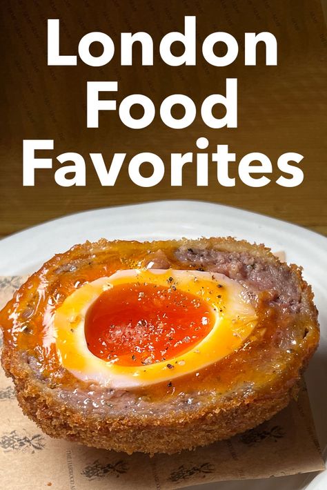 Pinterest image: photo of a Scotch Egg with caption reading "London Food Favorites" London Recipes, Cheese And Pickle Sandwich, British Food Traditional, Chip Butty, Irish Foods, London Breakfast, Eat In London, Bangladeshi Food, Food Traditional