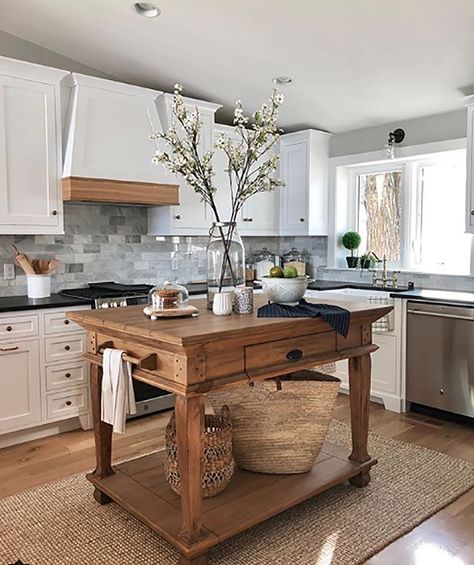 Repurposed Kitchen Island Ideas & Inspiration | Kara Layne Repurposed Kitchen Island, Reclaimed Kitchen Island, Reclaimed Kitchen, Repurposed Kitchen, Freestanding Kitchen Island, White Cupboards, Square Kitchen, Kitchen Island Ideas, Island Table