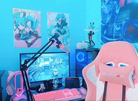 Blue And Pink Gaming Setup, Pink And Blue Pc Setup, Hatsune Miku Pc Setup, Miku Gaming Setup, Hatsune Miku Gaming Setup, Set Up Gamer Girl, Gamer Girl Setup Pink, Tech Setup, Miku Game