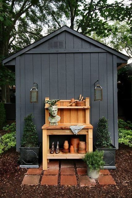 Garden Shed Ideas Exterior, Painted Garden Sheds, Shed Inspiration, Black Shed, Shed Makeover, Shed Decor, Shed Colours, Storage Shed Plans, Backyard Sheds