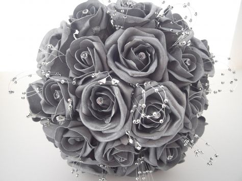 Silver roses - goes with the color theme Prom Flowers Bouquet, Silver Bouquet, Grey Wedding Theme, Purple And Silver Wedding, Silver Bridesmaid, Silver Wedding Anniversary, Prom Flowers, 25th Wedding Anniversary, Bling Wedding