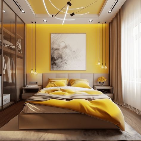 Modern Yellow Bedroom Oasis [Room Concept] Brown And Yellow Living Room Ideas, Modern Yellow Bedroom, Boss Bedroom, Yellow Living Room Ideas, Yellow Layout, Oasis Room, White And Brown Bedroom, Yellow Room Decor, Bedroom Minimal