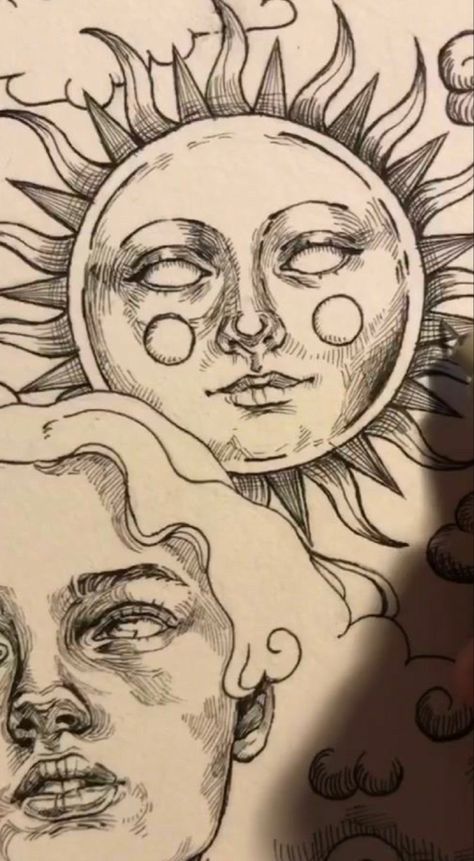 Earthy Tattoos, Hippie Tattoo, Sun Drawing, Weird Drawings, Moon Drawing, Vintage Poster Art, Hippie Art, Dreamy Art, Art Drawings Sketches Simple