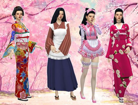 mmcc lookbooks Western Outfits Men, Japanese Clothes, Casual Kimono, Japanese Dress, Sims 4 Mods Clothes, Sims 4 Cas, Maid Dress, Sims 4 Clothing, Asian Outfits