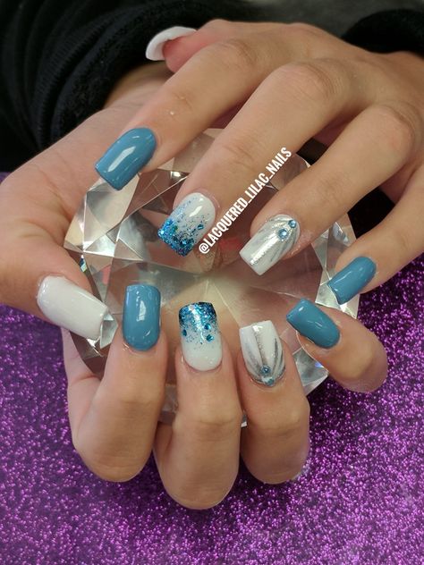 Loving this set!! Dusty blue acrylic nails. @lacquered_lilac_nails Dusty Blue Nails Acrylic Wedding, Nail Designs Dusty Blue, Bridal Nails Wedding Dusty Blue, Wedding Nails Dusty Blue, Dusty Blue Acrylic Nails, Dusty Blue Nails Acrylic, Dusty Blue Nails, Blue Nails Acrylic, Blue Wedding Nails