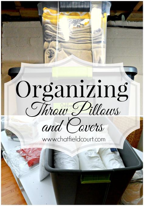 How to easily organize your throw pillows and pillow covers so you know what you have. www.chatfieldcourt.com How To Store Throw Pillows, How To Store Pillows, How To Wash Throw Pillows, Organizing Linens, Seasonal Pillows, Farmhouse Projects, Pillow Storage, Euro Pillows, Throw Pillows Bedroom