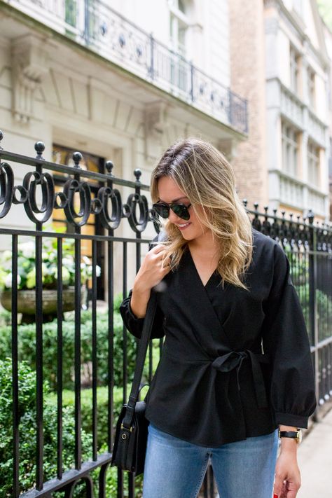 Wrap Blouse Outfit, Black Wrap Top, Jeans Look, Black Wrap, Stitch Fix Stylist, Denim Style, Fashion Tips For Women, Blouse Outfit, Wrap Blouse