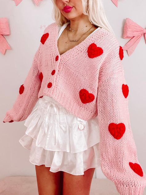 Heart Cardigan Outfit, Lovecore Clothes, Lovecore Aesthetic Outfit, Preppy Blanket, Pink And Red Outfit, Lovecore Fashion, Sassy Shortcake, Heart Cardigan, The Cardigans