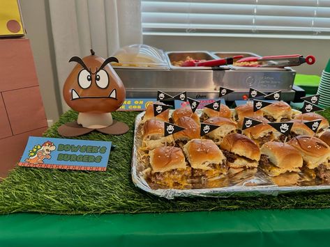 Food For 3rd Birthday Party, Mario Brother Food Ideas, Food For Mario Birthday Party, Mario Brothers Birthday Party Ideas Food, Nintendo Party Food, Mario Dinner Ideas, Mario Birthday Party Princess Peach, Mario Day Food, Super Mario Themed Snacks