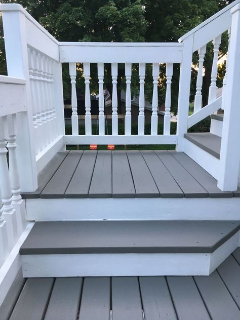 Grey Stained Deck, Gray Stained Deck, Wood Deck Paint Color Ideas, Gray Deck Stain Colors, Grey And White Deck, Gray Deck Stain, Deck Stain Colors Ideas Two Tone, Side Door Steps, Deck Colors For Gray House