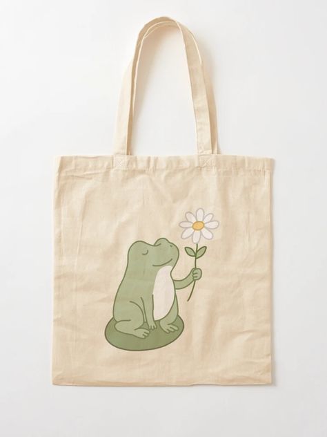 "Cute Frog With Daisy Flower on a Water Lily" Tote Bag for Sale by wonderxwander | Redbubble Bags Game, Cute Frog, Bags Aesthetic, Cute Tote Bags, Cute Frogs, Water Lily, Pastel Green, Green Aesthetic, Pastel Aesthetic