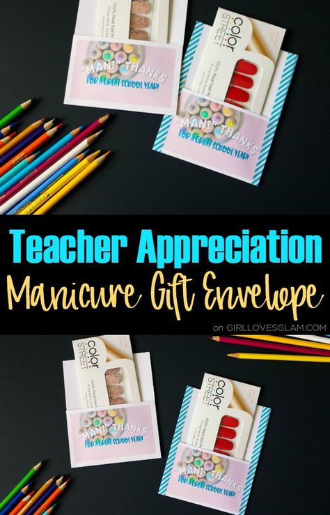 Simple teacher appreciation gift idea! Use printable manicure gift envelopes and place Color Street nails in them to give a teacher gift they can actually use and appreciate! Manicure Gift Ideas, Manicure Party, Lucky Nails, Homemade Envelopes, Street Images, Daycare Gifts, Thanks Teacher, Extracurricular Activities, Goodbye Gifts