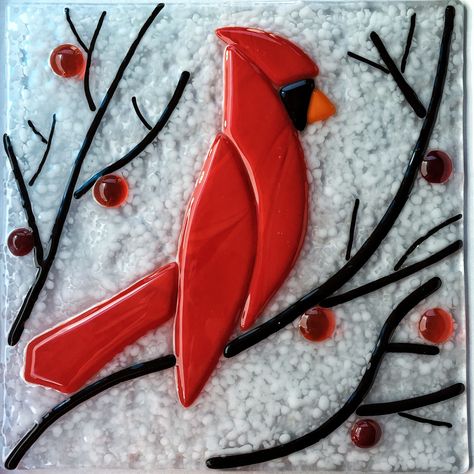 Fused glass Cardinal Red Cardinal Christmas, Fused Glass Panel, Fused Glass Dishes, Glass Art Design, Cardinal Ornaments, Cardinal Christmas, Fused Glass Plates, Fused Glass Projects, Fused Glass Christmas