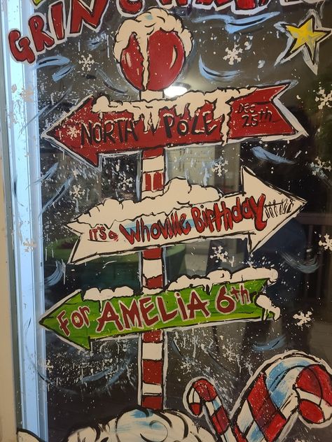 Christmas Window Painting Grinch, Grinch Window Painting Ideas, Whoville Window Painting, Grinch Christmas Window, Grinch Window Painting, Christmas Murals, Window Painting Ideas, Painted Window Art, Christmas Candy Cane Decorations