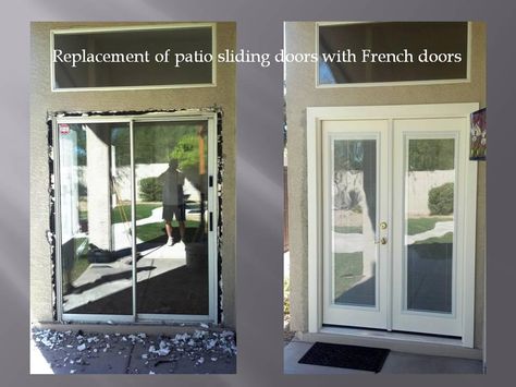 Removing patio sliding door and installing French doors with mini blinds. The mini blinds are between two glass, no need to ever clean the blinds. Sliding Glass Door Blinds, Blinds For French Doors, Installing French Doors, Door Diy Projects, Sliding Glass Doors Patio, French Doors Patio, Door Bathroom, Sliding Patio Doors, Patio Door