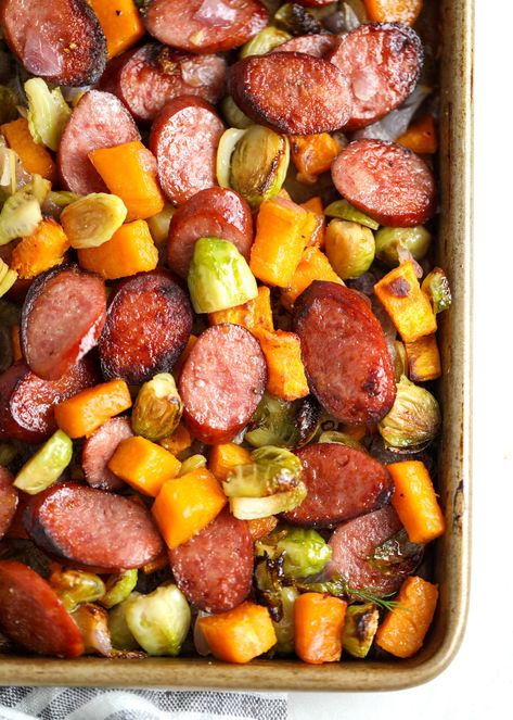 Sausage and Veggie Sheet Pan Meal with Maple Mustard Sauce Sausage And Veggie Sheet Pan, Mustard Sauce For Chicken, Bake Sausage In Oven, Maple Mustard Sauce, Veggie Sheet Pan, Sprouting Sweet Potatoes, Cubed Sweet Potatoes, Maple Mustard, Sausage Bake