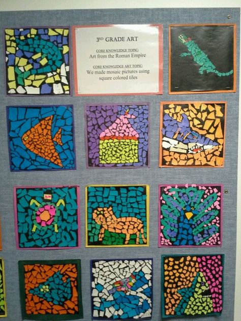 3 rd grade torn paper mosaics Byzantine art www.timelinestaircase.com Torn Paper Collage Elementary Art, Mosaic Art Lesson Elementary, Mosaic Projects Paper, Crumpled Tissue Paper Art, Ripped Paper Art Ideas, Rip Paper Art, Kids Mosaic Art Project, Mozaik Art Paper, Cultural Art Lessons