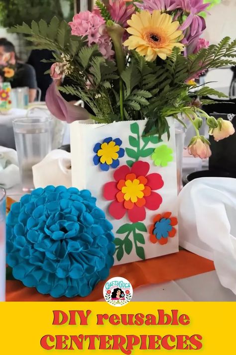 DIY reusable centerpieces Paper Bag Centerpieces, Fiesta Table Decorations, Crafts Paper Flowers, Centerpiece Tutorial, Fiesta Table, Tissue Paper Crafts, Tissue Flowers, Heritage Crafts, Crafts Paper