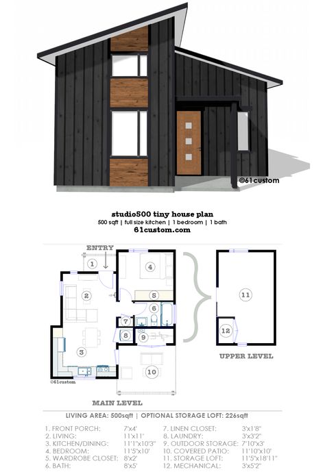 studio500 tiny house plan | 61custom House Plan With Loft, Unique House Plans, Little House Plans, Free House Plans, Tiny House Plan, Small House Floor Plans, Casas The Sims 4, Garage House Plans, Mountain House Plans