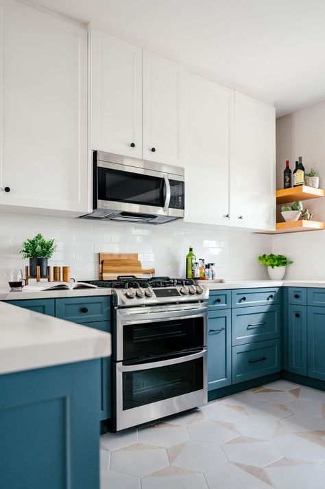 Blue And White Kitchen Floor, Blue Bottom Kitchen Cabinets, White Upper Cabinets Blue Lower, Blue Lower Cabinets White Upper, Blue Lower Kitchen Cabinets, Blue Lower Cabinets, Blue And White Cabinets, Unique Tile Floor, White Cabinets Black Appliances