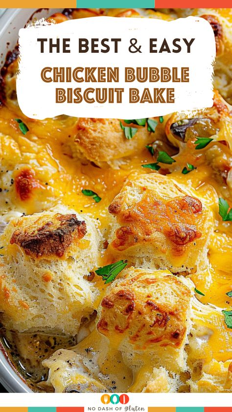 This Easy Chicken Bubble Biscuit Bake is a comfort food classic! Juicy chicken, creamy soup, ranch seasoning, and fluffy biscuits topped with gooey cheddar cheese. Perfect for busy weeknights or a cozy family meal. Save this pin and try it tonight! Creamy Chicken And Biscuits Recipe, Chicken Ranch Biscuit Casserole, Buffalo Chicken Biscuits, Soup With Biscuits On Top, Bubble Chicken Casserole, Chicken Bubble Biscuit Bake, Chicken Bubble Biscuit Bake Casserole, Chicken And Biscuit Bake, Chicken Biscuit Bake