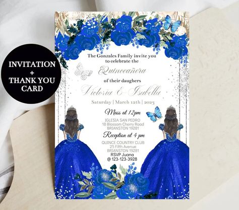 Twins Quinceañera Invitation Royal Blue Silver Floral Mis XV - Etsy Romania Twins Quinceanera Ideas, Twins Quinceanera, Quinceañera Royal Blue, Royal Blue Roses, Quinceañera Invitation, Lollipop Party, Silver Invitation, Quinceanera Invitation, Quinceanera Invitations