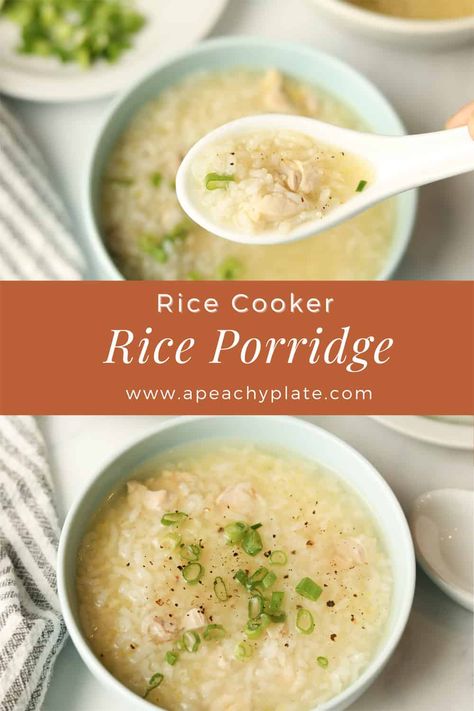 Rice cooker congee is perfect for breakfast, or served as a hot and steaming bowl of comfort for a sick loved one. The flavor is light and balanced, and will have them feeling better in no time. Learn how to make an easy and comforting congee (rice porridge) in your rice cooker with just 6 simple ingredients. This is a hands off recipe - you can set your rice cooker to cook, walk away and come back to a warm and satisfying meal! Get the recipe on www.apeachyplate.com Pressure Cooker Congee, Rice Porridge In Rice Cooker, Instant Pot Congee Rice Porridge, Rice Cooker Porridge Recipe, Rice Cooker Congee Recipe, Rice Congee Breakfast, Easy Rice Porridge Recipes, Rice Cooker Porridge, Congee Recipe Rice Cooker