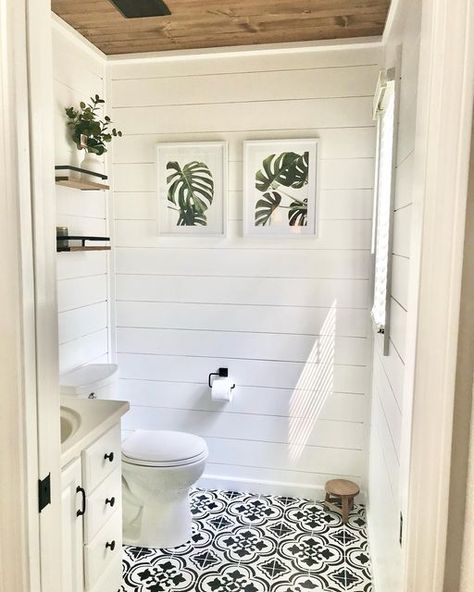 Diy Half Bath, Barn Bathroom Ideas, Half Bath Makeover, Stencil Tile, Barn Bathroom, Cottage Bathroom Ideas, Shiplap Wall Diy, Shiplap Ceiling, Shiplap Bathroom