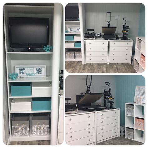 Craft Room heat press area and bookcase with more storage. The dressers drawers are perfect for storing t-shirts, onesies and more! Heat Press Table, Cricut Station, Crafting Area, Southern Family, Organizing Business, Press Table, Crafting Room, Design Home Office, Sublimacion Ideas