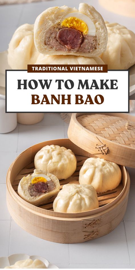 Make your own soft and pillowy banh bao or Vietnamese steamed pork buns for breakfast or a quick snack on the go. These steamed buns filled with juicy tender pork, boiled eggs, and Chinese sausages are a classic nostalgic treat. Steamed Bun Filling Ideas, Vietnamese Steamed Buns, Vietnamese Bao Buns, Breakfast Bao Buns, Steamed Bao Buns Recipe, Banh Bao Recipe, Steam Buns Recipe, Steam Buns, Chinese Pastry