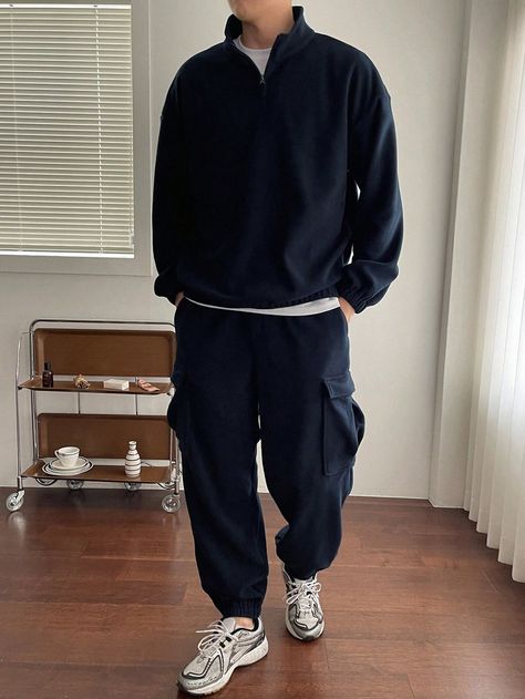 Navy Blue Casual Collar   Plain  Embellished Non-Stretch  Men Clothing Collared Sweatshirt Outfit Men, Blue Cargo Pants Outfit Men, Navy Blue Outfits Men, Navy Pants Outfit Men, Navy Blue Sweatshirt Outfit, Navy Blue Pants Outfit Mens, Navy Blue Outfit Ideas, Long Sleeves Outfit Men, Blue Sweatshirt Outfit